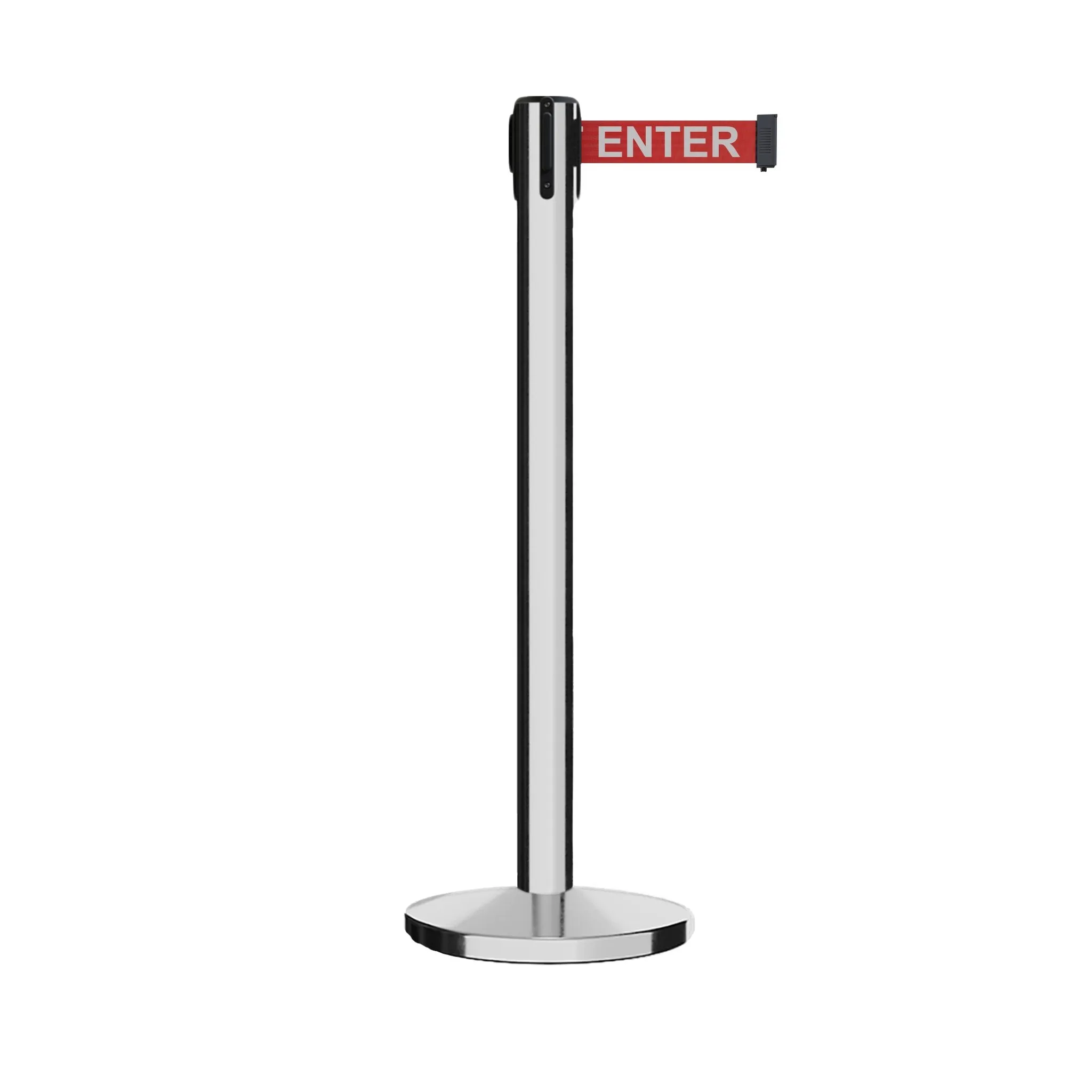 Retractable Belt Barrier Stanchion, Satin Stainless Steel Post with Heavy Duty Cast Iron Base, 16 ft Belt – Montour Line MI650