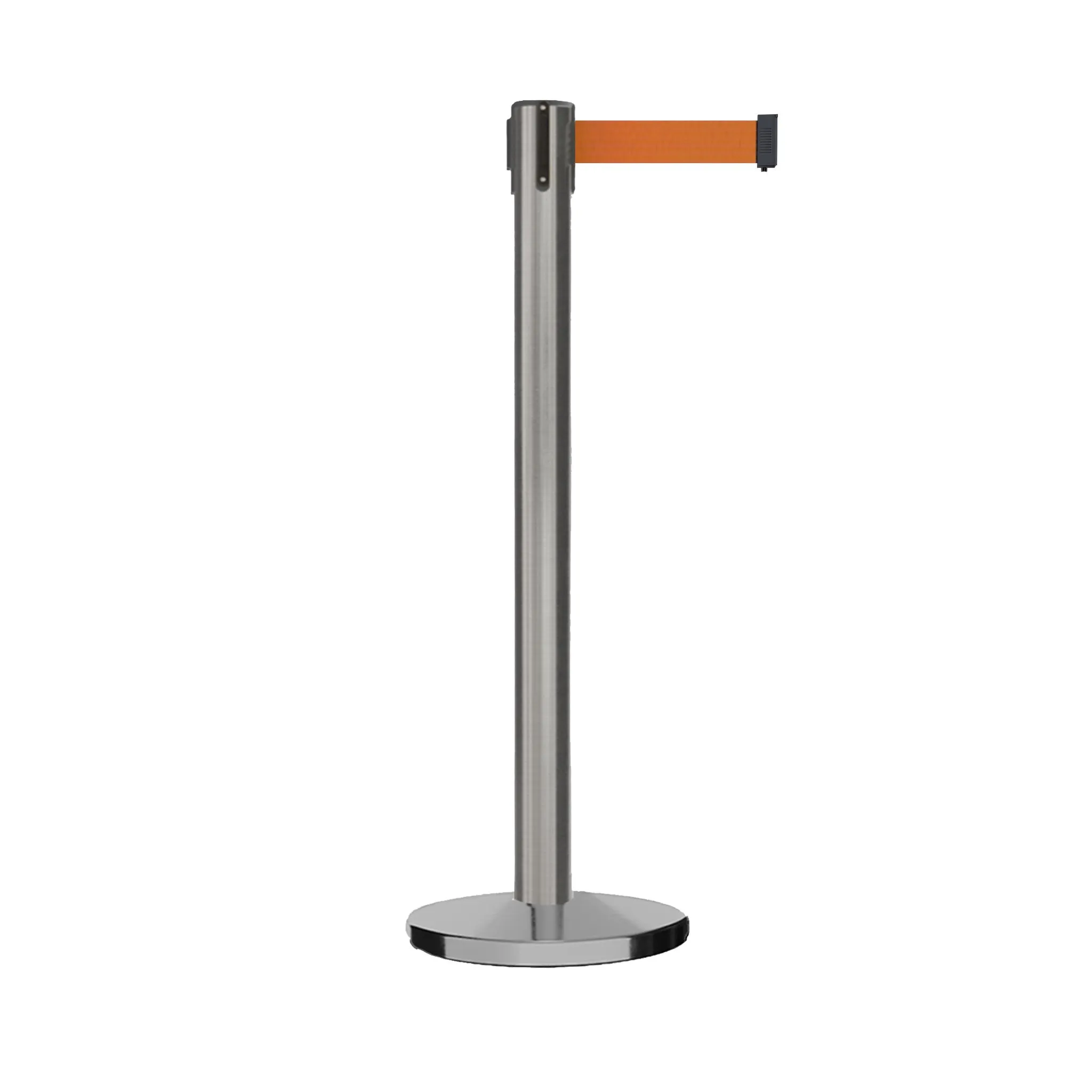 Retractable Belt Barrier Stanchion, Satin Stainless Steel Post with Heavy Duty Cast Iron Base, 16 ft Belt – Montour Line MI650