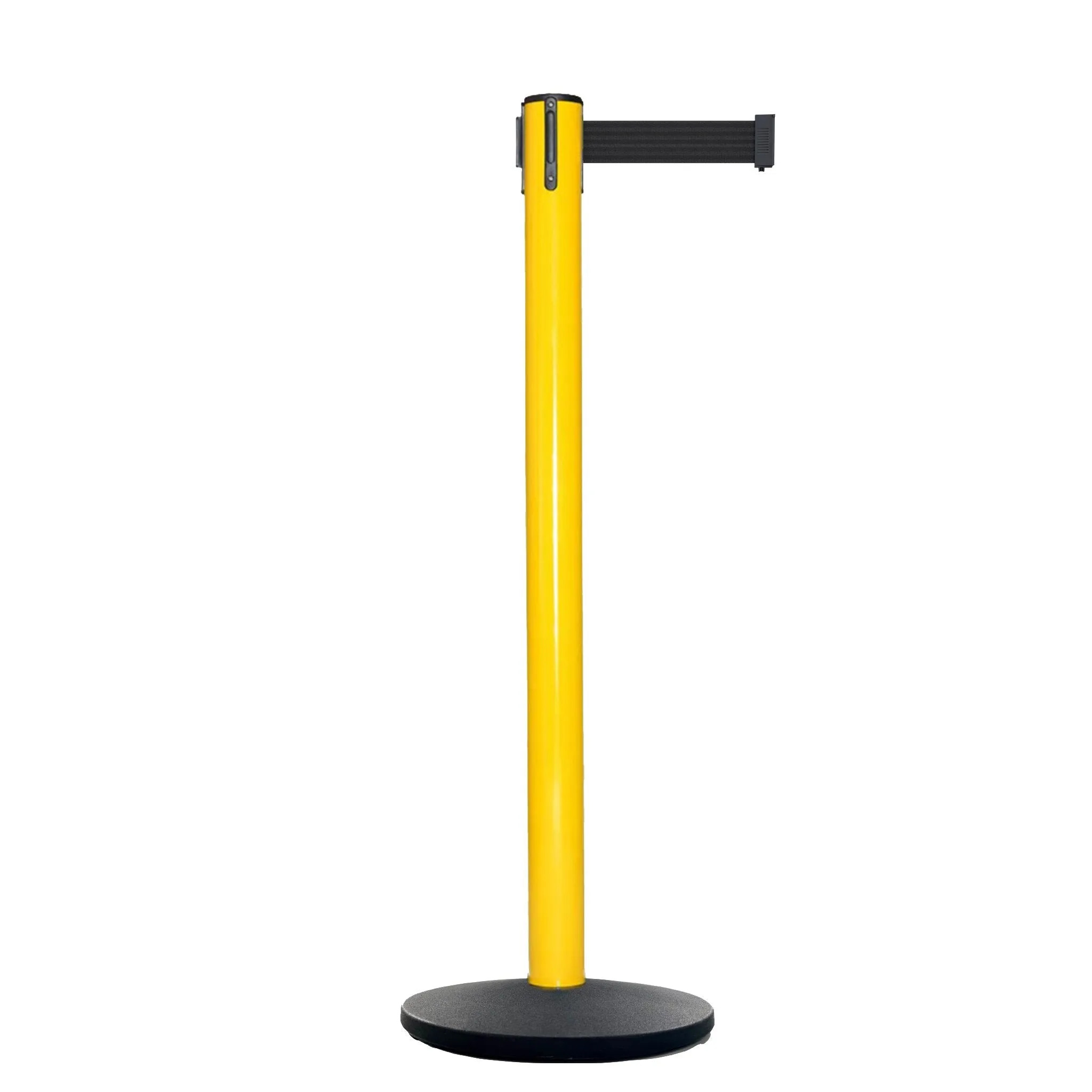 Retractable Belt Barrier Stanchion, Satin Stainless Steel Post with Heavy Duty Cast Iron Base, 16 ft Belt – Montour Line MI650