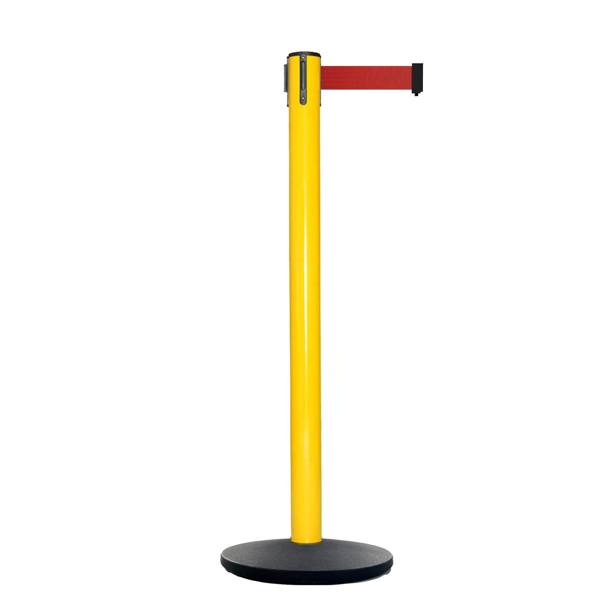 Retractable Belt Barrier Stanchion, Satin Stainless Steel Post with Heavy Duty Cast Iron Base, 16 ft Belt – Montour Line MI650