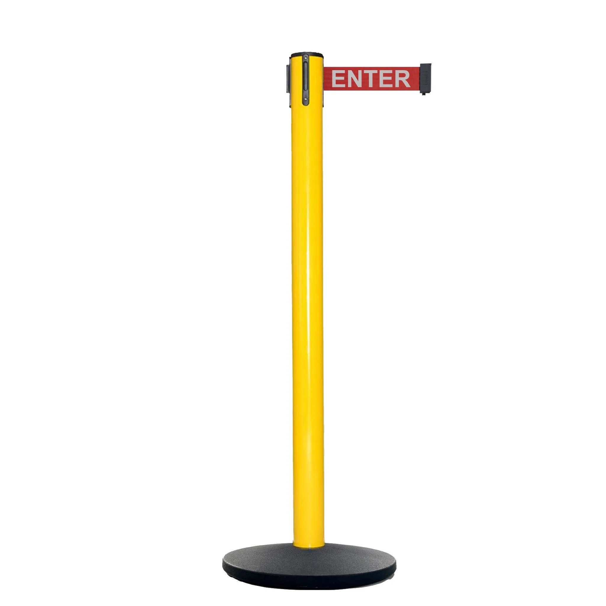 Retractable Belt Barrier Stanchion, Satin Stainless Steel Post with Heavy Duty Cast Iron Base, 16 ft Belt – Montour Line MI650