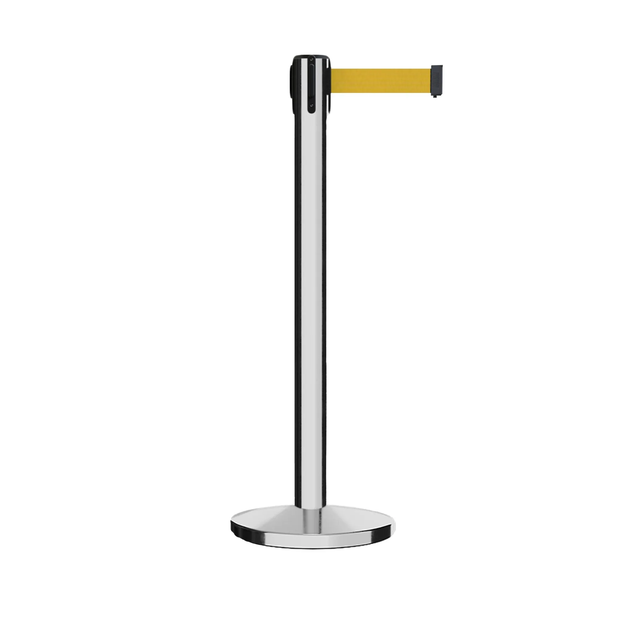 Retractable Belt Barrier Stanchion, Satin Stainless Steel Post with Heavy Duty Cast Iron Base, 16 ft Belt – Montour Line MI650