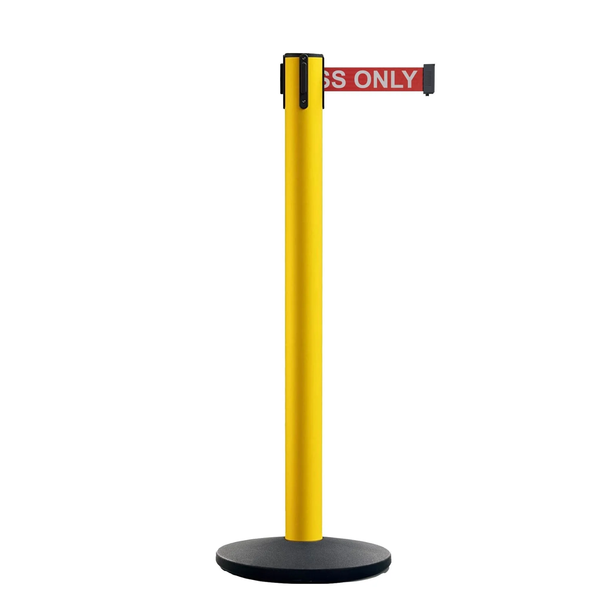 Retractable Belt Barrier Stanchion, Satin Stainless Steel Post with Heavy Duty Cast Iron Base, 16 ft Belt – Montour Line MI650