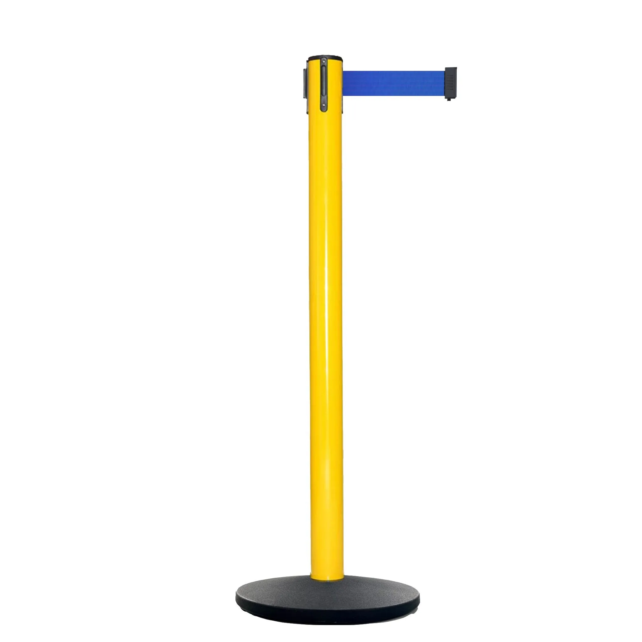 Retractable Belt Barrier Stanchion, Satin Stainless Steel Post with Heavy Duty Cast Iron Base, 16 ft Belt – Montour Line MI650