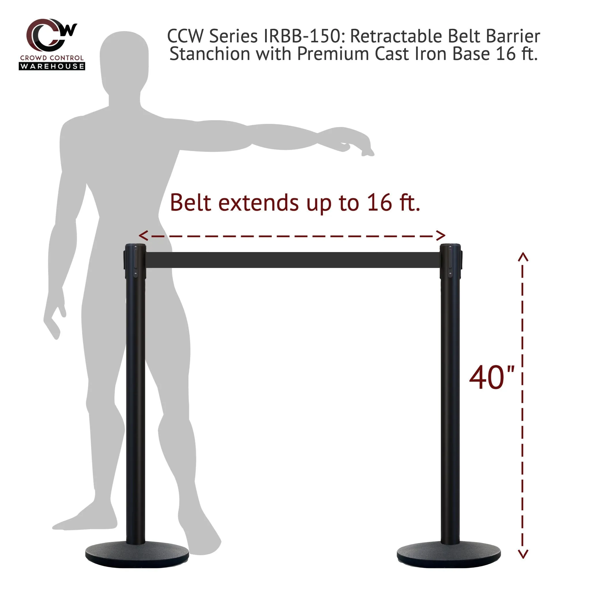 Retractable Belt Barrier Stanchion, Satin Stainless Steel Post with Heavy Duty Cast Iron Base, 16 ft Belt – Montour Line MI650