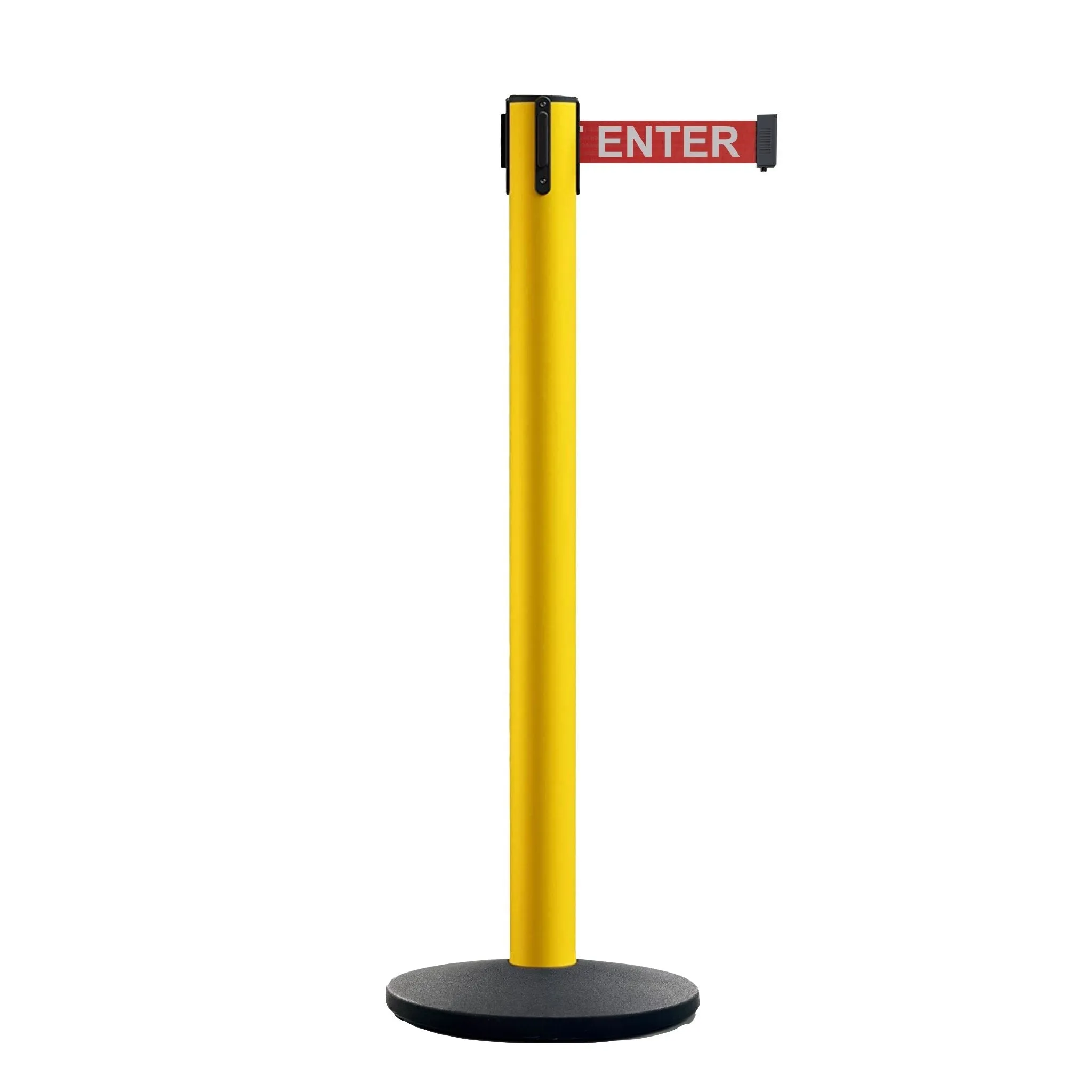 Retractable Belt Barrier Stanchion, Satin Stainless Steel Post with Heavy Duty Cast Iron Base, 16 ft Belt – Montour Line MI650