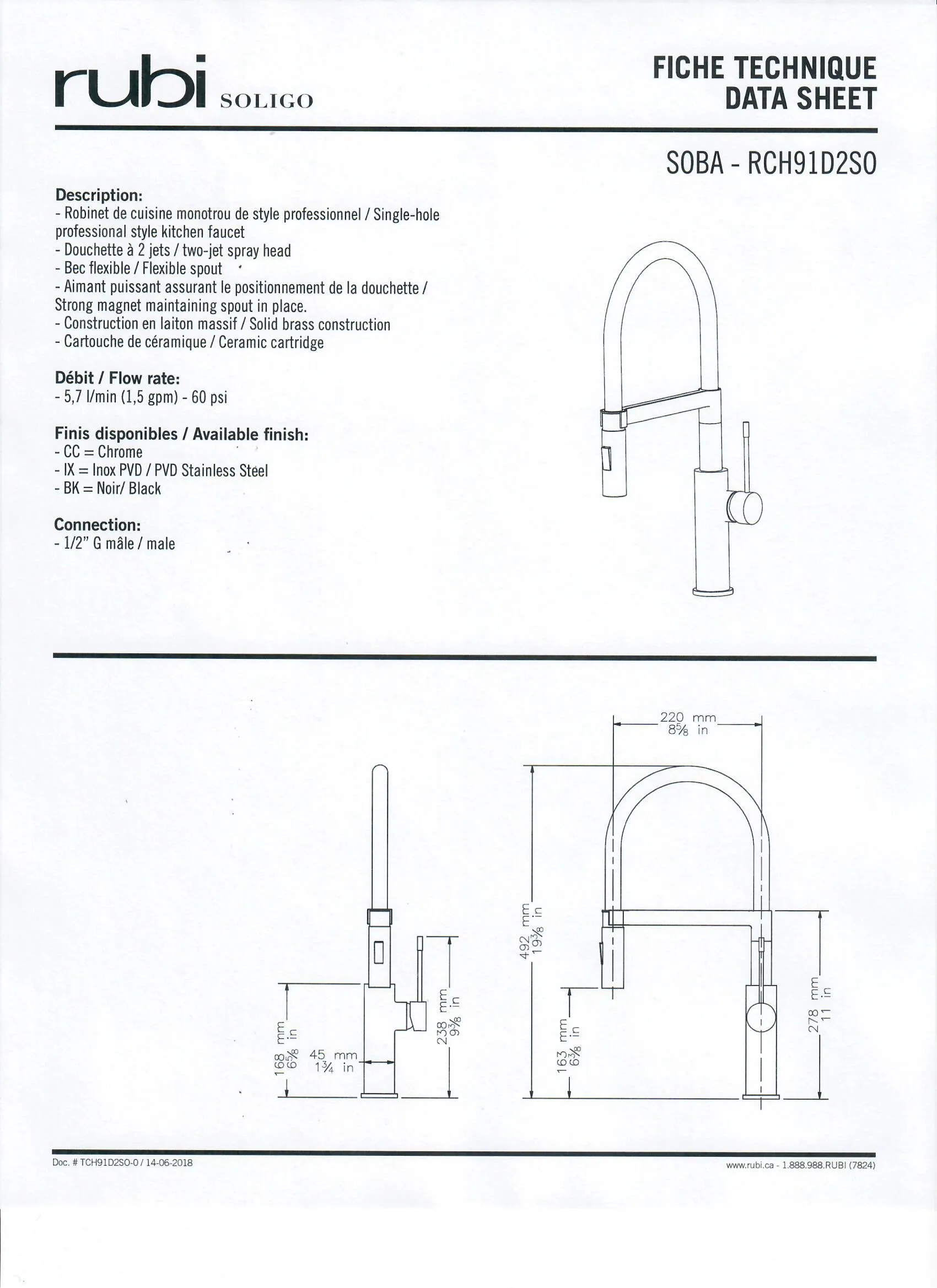 Rubi - SOBA , Stainless Steel, Single Lever Professional style Kitchen Faucet