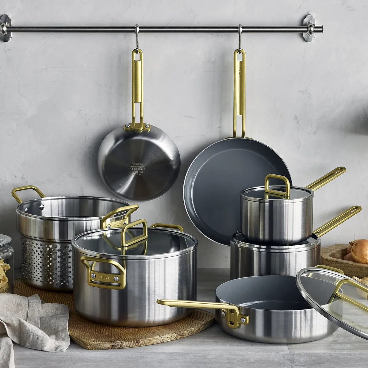 Stanley Tucci™ Stainless Steel Ceramic Nonstick 11-Piece Cookware Set with The Tucci Cookbook | Champagne Handles